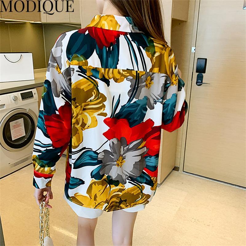 MODIQUE Jaro Léto Nadměrná velikost Dámské Volné Vintage Ležérní Bavlna Len Šifon Květinový potisk Halenky Košile Dámská Móda Oversize Dlouhý rukáv Kabáty