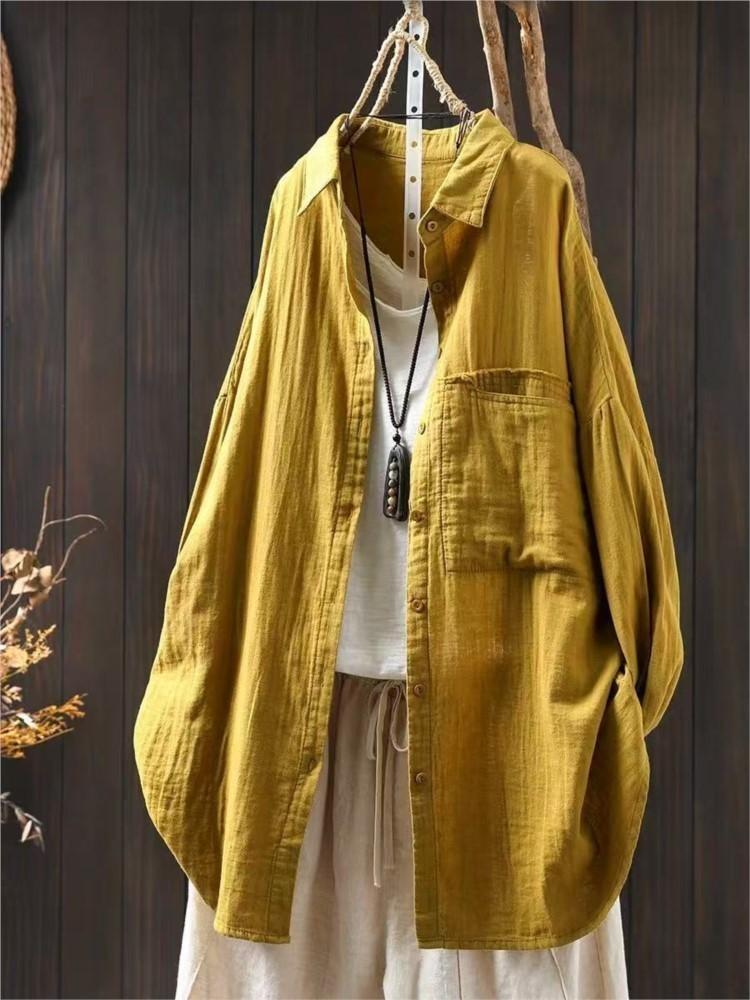 

Johnature Vintage Button Down Shirt Women Long Sleeve Blouse Soft Spring Top with Collar and Pockets One Size