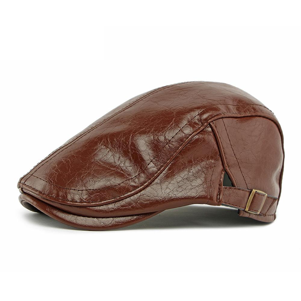 Autumn Winter Hat Men's PU Leather Beret British Retro Forward Hat Warm Peaked Cap