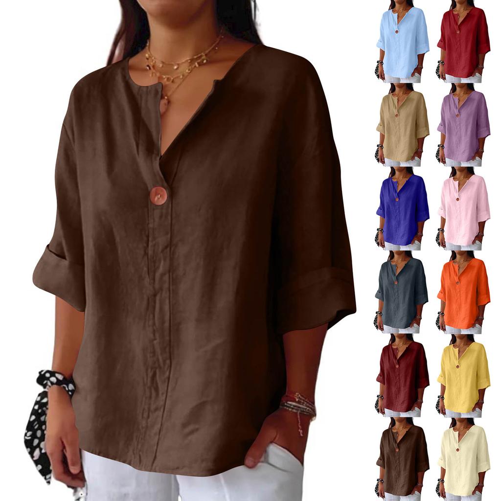 Women’s Loose Fit Linen Blouse Half Sleeve Button Front Casual Lightweight Tunic Top Comfortable Relaxed Fit Shirt