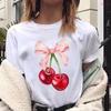 Women's Cherry Print T-Shirt Crew Neck Sleeve Casual Fabric Fruit Vegetable Summer Short Sleeved Harajuku Streetwear Tops Tees