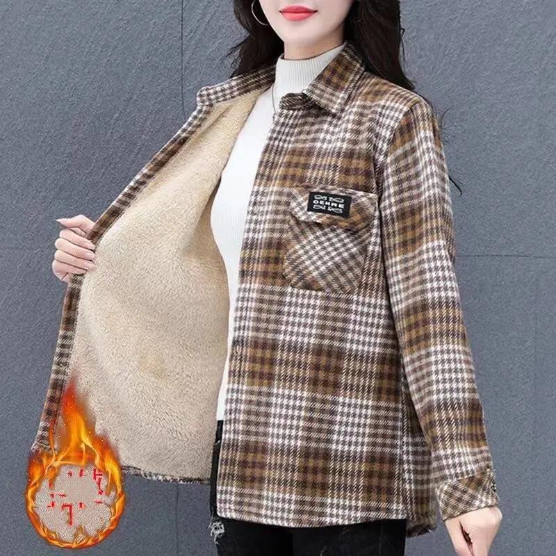 Thickened Fleece Autumn Winter Shirt Warm Casual Plaid Loose One-Piece Large Size Top Coat for Women Cotton Long Sleeve