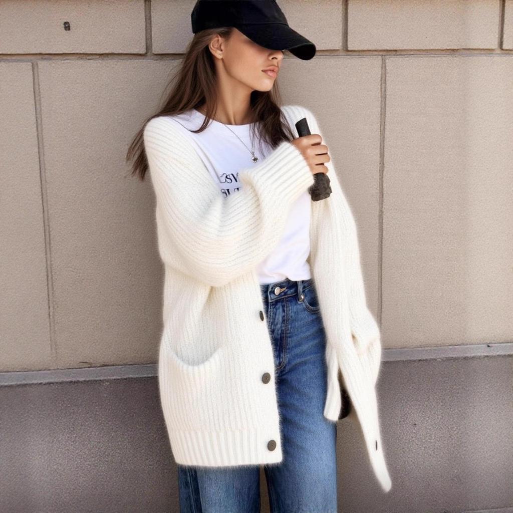 2025 Autumn/Winter Women's V-neck Faux Alpaca Wool Cardigan Sweater - Macaron Color Series