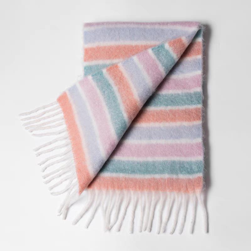 

Новый радужный полосатый шарф женская мода свежий с бахромой универсальный утолщенный теплый платок 190+20*50 280g