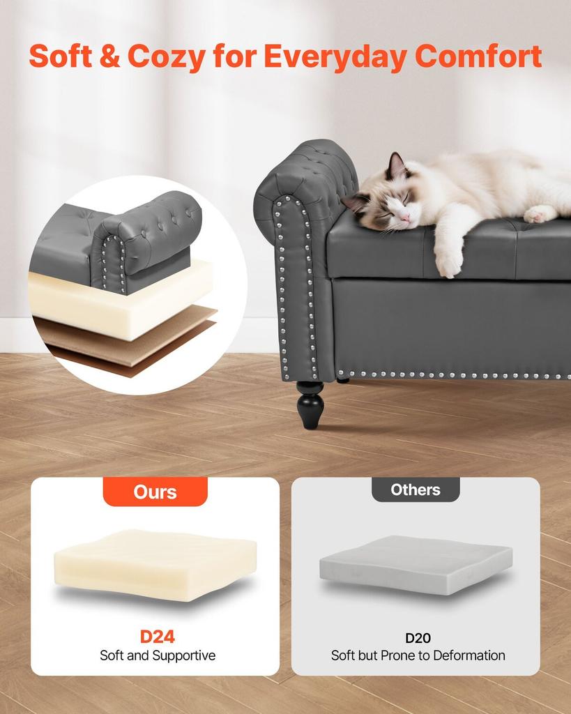 Button-Tufted Storage Ottoman Bench, Rolled Arm PU Leather Bench with Solid Wood Legs, Modern Shoe Benches Seat for Entryway, Upholstered End of Bed
