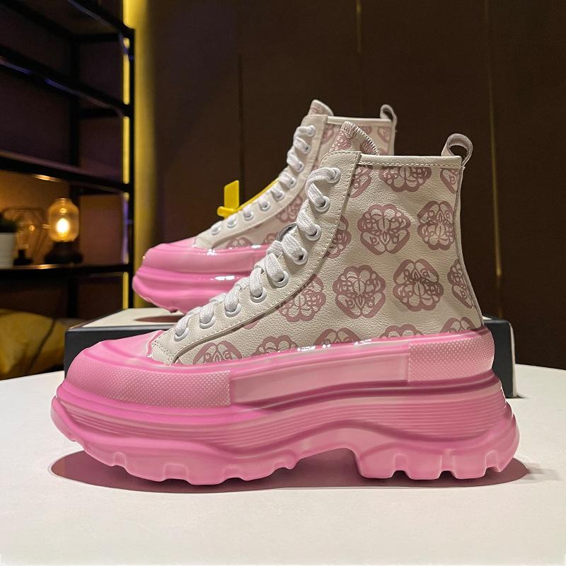 

Высокие туфли женские, новинка 2022 года, розовые туфли на платформе на толстой подошве, кожаные туфли для пап с принтом, женские туфли Ins Tide