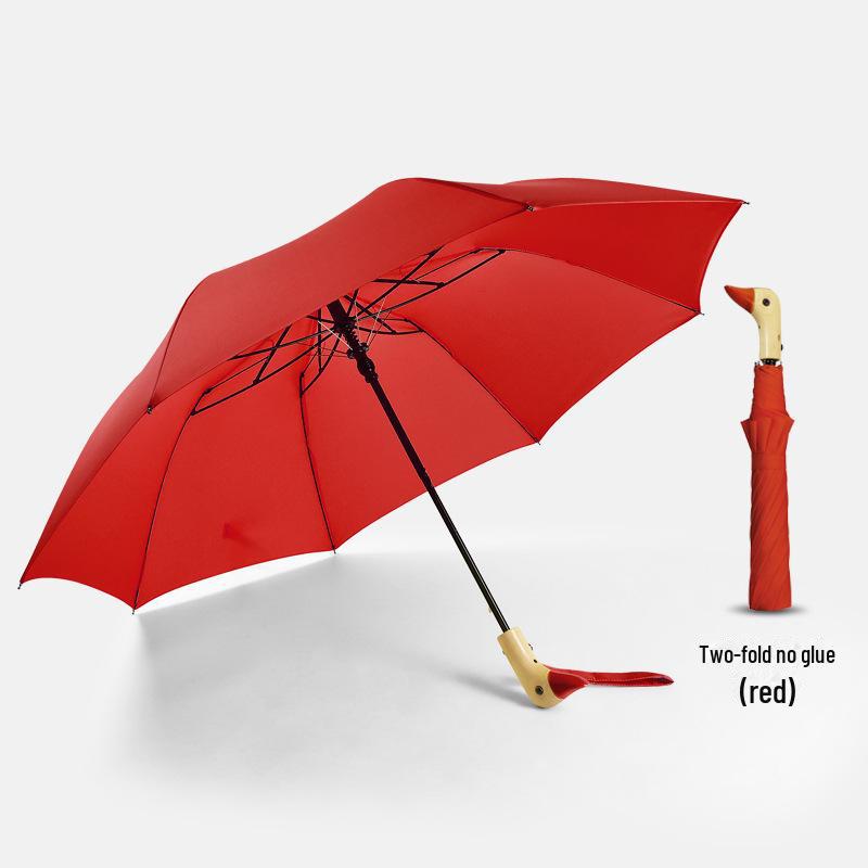 Cartoon Duck Umbrella: Semi-Automatic, Multi-Color, Black Plastic, Wooden Handle, Cute Yellow Duck Design