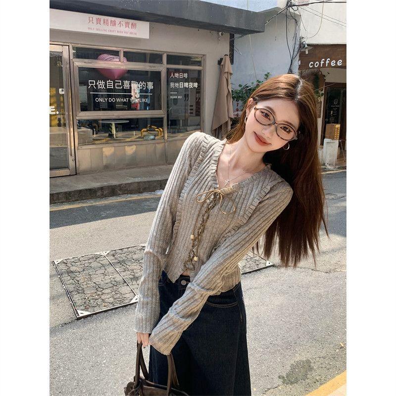 Spring Autumn Ruffles Bandage Slim T-shirt Women Long Sleeve Solid Color All-match Vintage Tee Top Pullovers