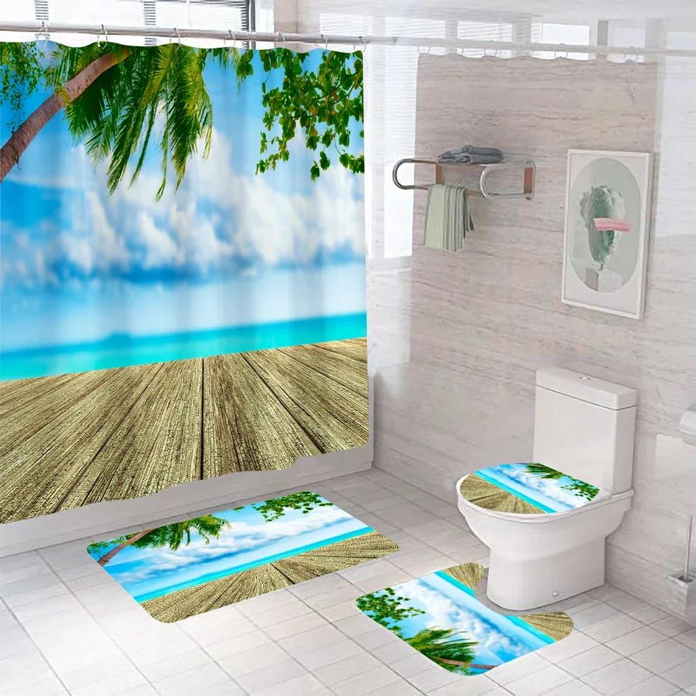3D Seascape Beach Theme Shower Curtain Sets Toilet Cover Bath Mat Carpet Rugs Bathroom Drapes Shower Curtain Set With Hooks