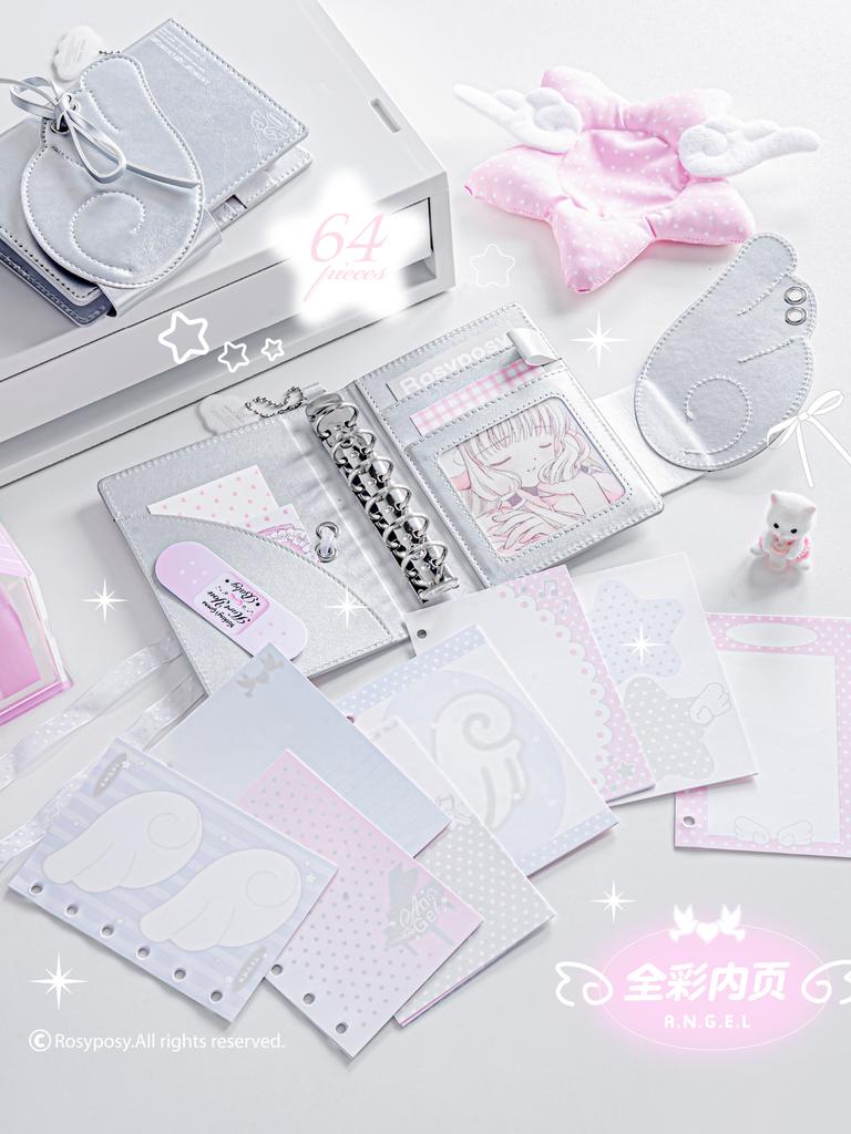 Cute Angel Theme A7 6-Ring Binder, 2026 Refillable Planner with PU Leather Cover and Wing Strap Design Cute Gift for Girls
