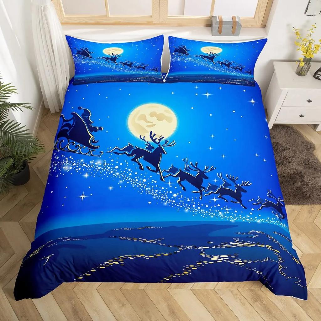 Christmas Tree Duvet Cover Set Blue Xmas Comforter Cover Girly Glitter Elk Bedding Sets Winter Snowflakes Duvet Cover Full Size