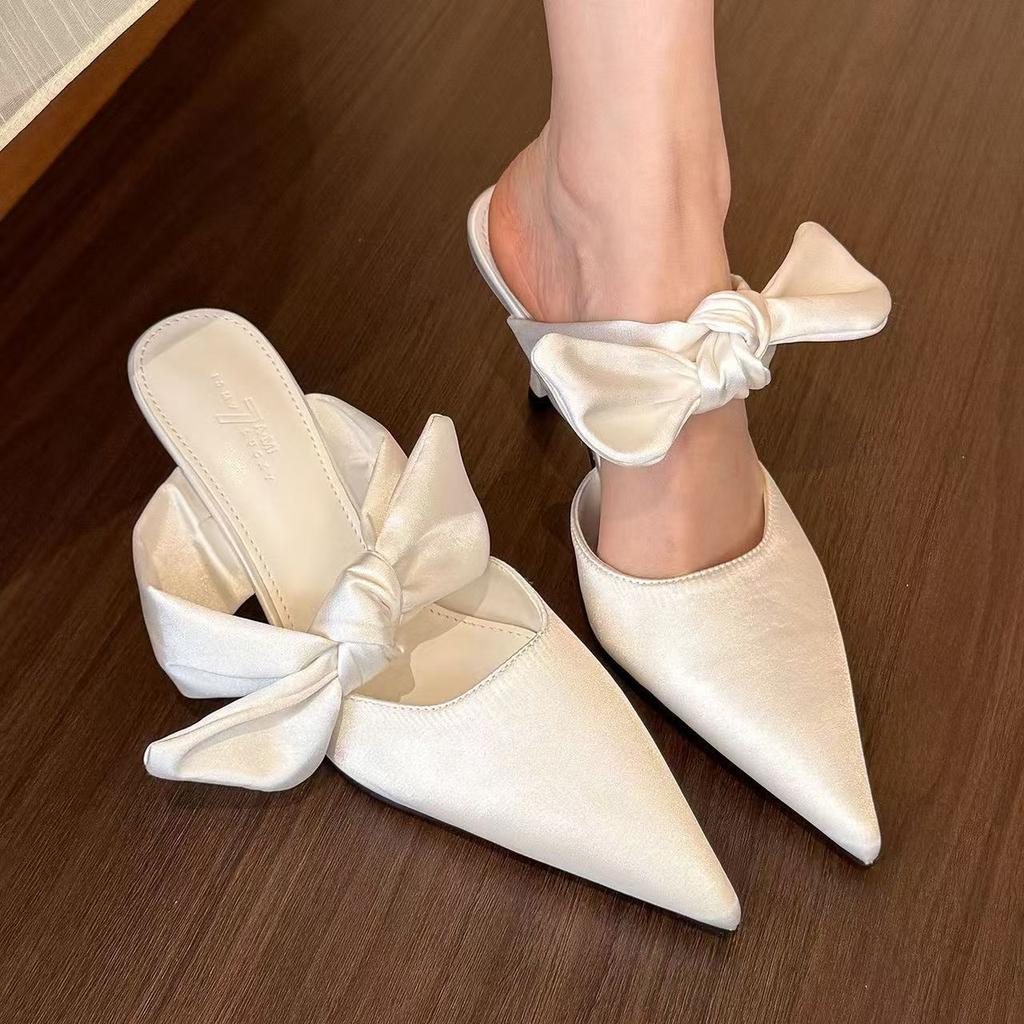 Thin Heel Height Increase 2025 Summer New Bow Pointed Head Bag Head Cool Slippers Women's Niche Going Out High Value Slippers