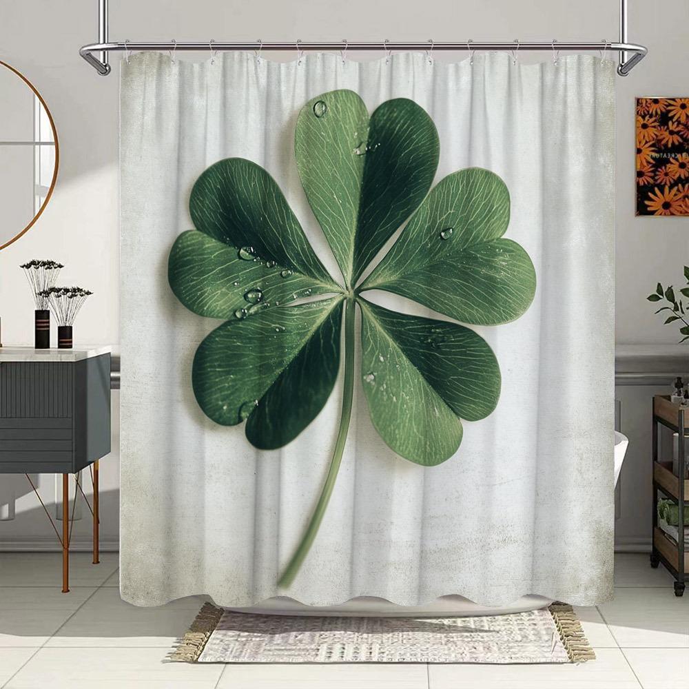 1Pc Four-Leaf Clover Shower Curtain With Water Droplets & Textured Light Gray Background - 70X70 Inch Polyester Bathroom Decor