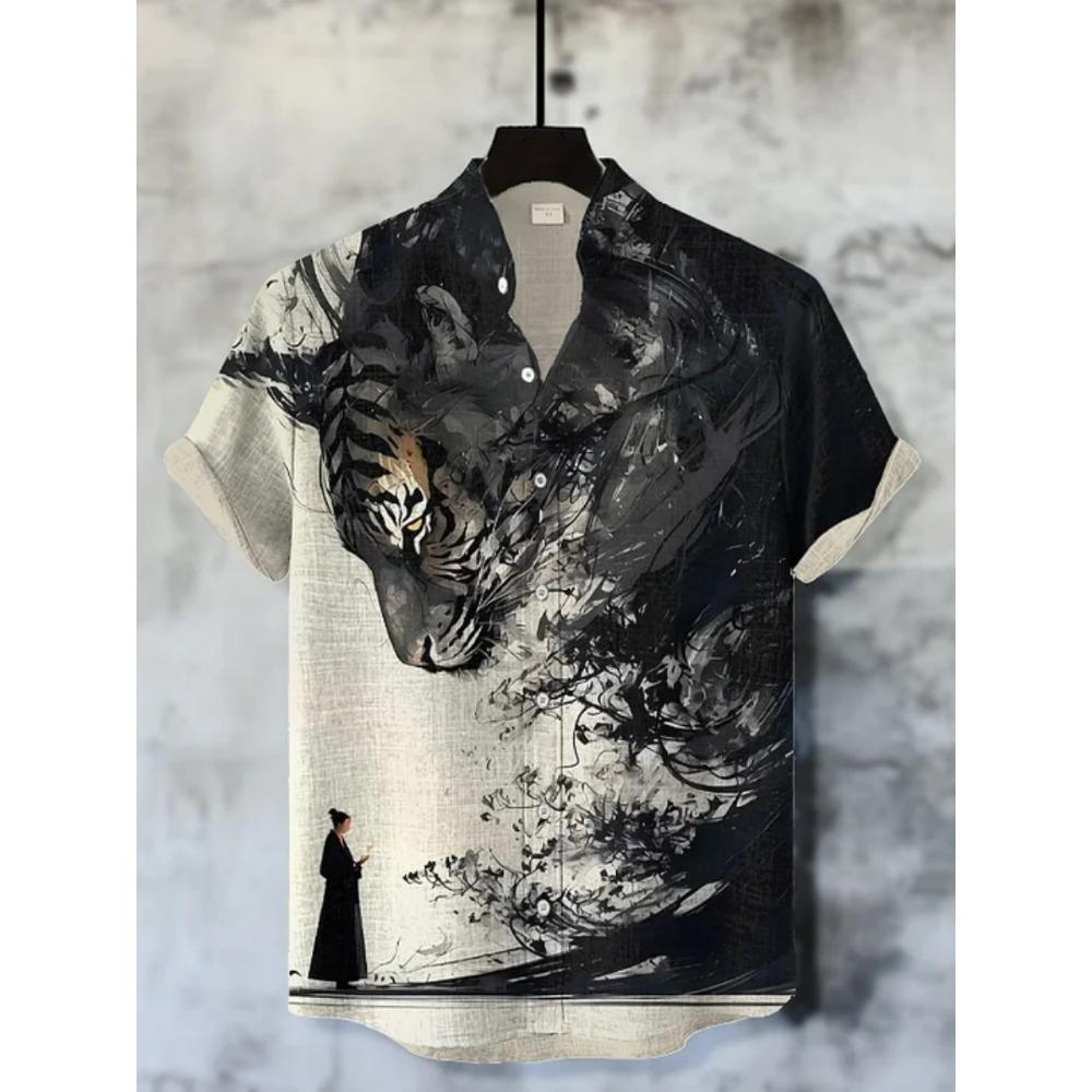 Men s ink-wash style tiger warrior print short-sleeved shirt, retro Chinese style loose casual men s vacation Hawaiian men s top S