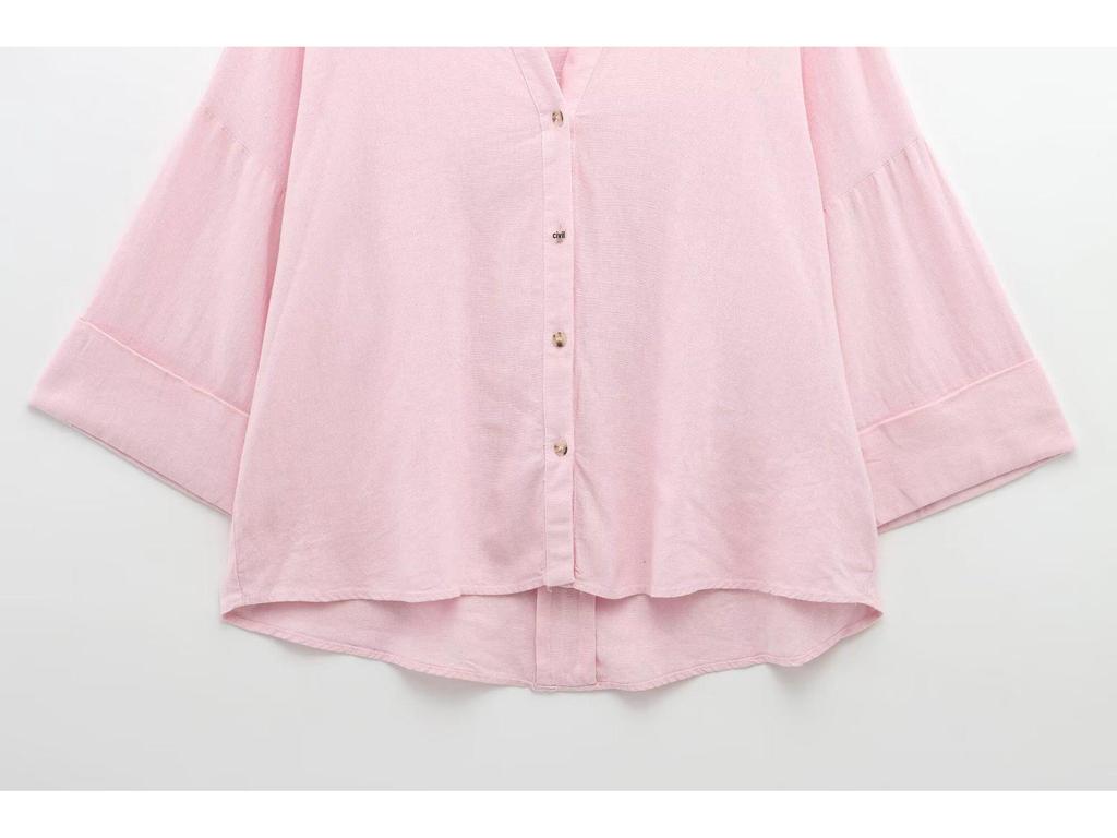 2025 Spring Women's European Fashion Linen Blend Wide Sleeve Shirt