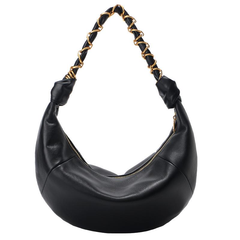 Women's Genuine Leather Crescent Shoulder Bag - Retro Lambskin with Chain Strap, Large Capacity, Elegant and Fashionable Design