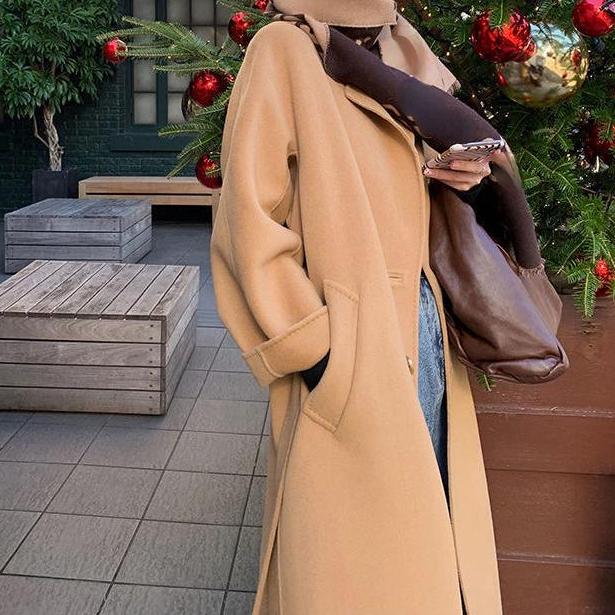 Płaszcz z wełny z klapami, długi, damski, swobodny, długi rękaw, kieszenie, elegancki, na ulicę, ciepły, wierzchni