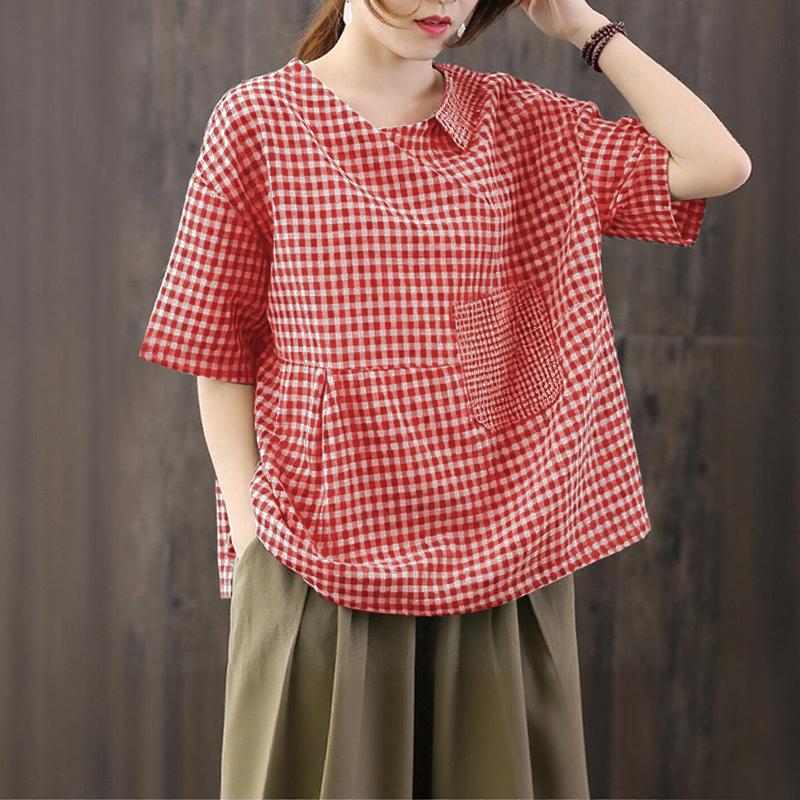 ZANZEA Women Casual V-neck Summer Short Sleeve Grid Print Blouse