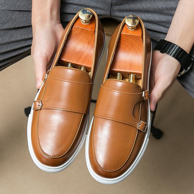 Men Casual Loafers Black Brown Double Button Board Shoes Men British Casual European Station Vulcanized Shoes Size 38-46