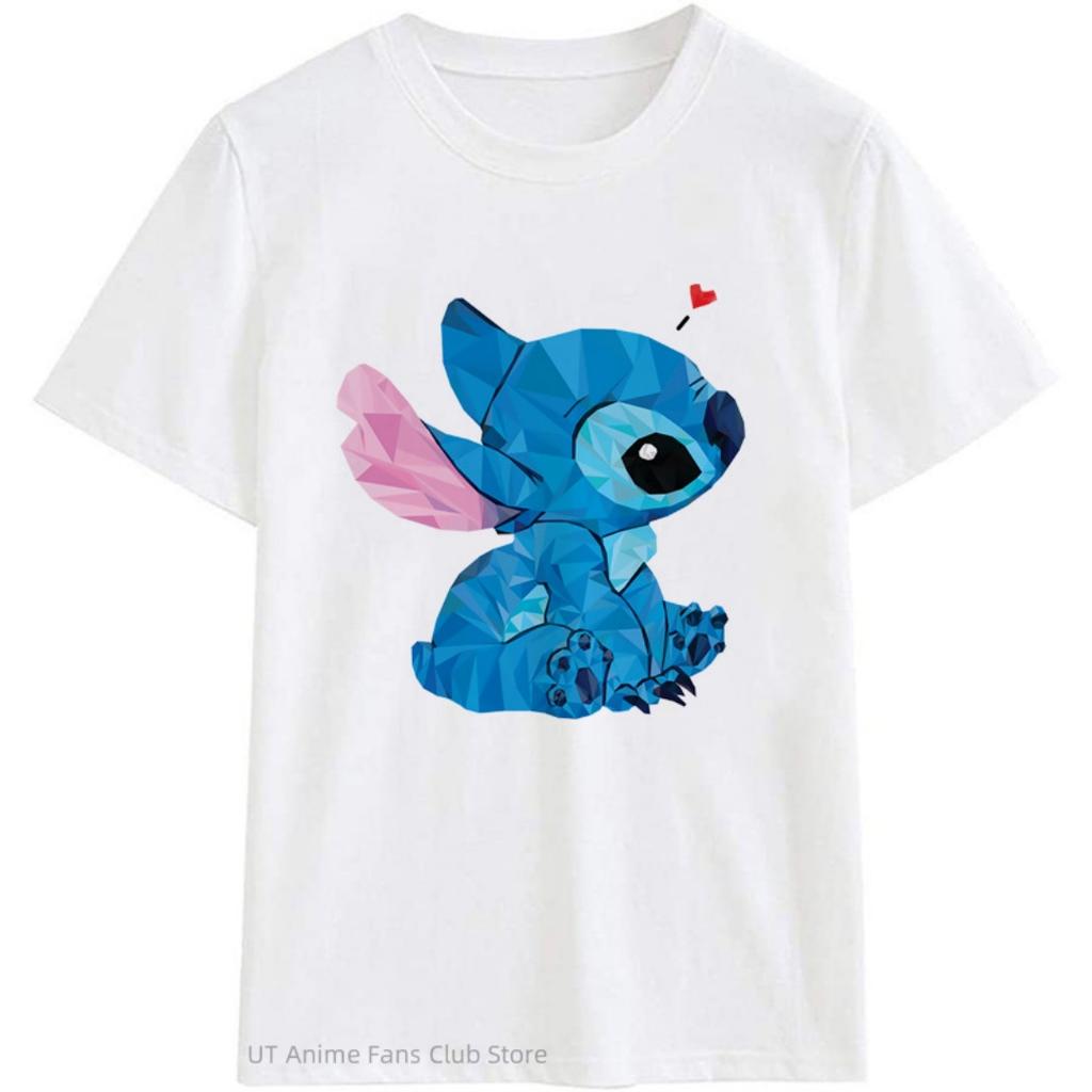 Summer Disney Stitch and Angel Couple Cotton Cartoon T Shirt Men Women Short Sleeve Boys Girls Tees Casual Loose Men Clothes