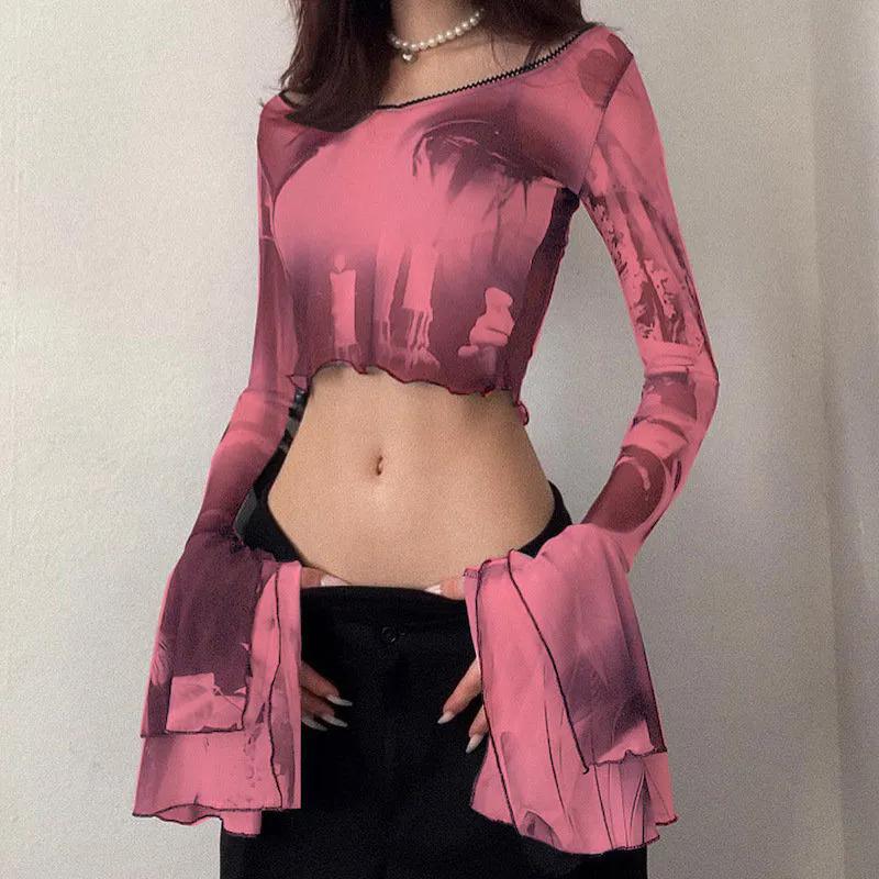 Gothic Flare Sleeve Durchsichtig T-shirts Emo Salat Saum Sexy Streetwear Punk Ästhetischen Druck Y2k Mesh Frauen Crop Tops