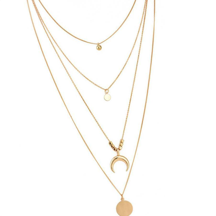 Retro Women Gold Layered Necklaces Personalized Girl Simple Style Long Pendant Chain Bohemian Geometric Choker Set