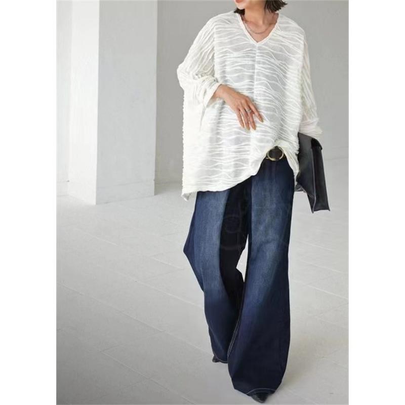 Spring Autumn Solid Color Loose Casual Tee Women Batwing Long Sleeve Folds V-neck Pullover T-shirt Female Top