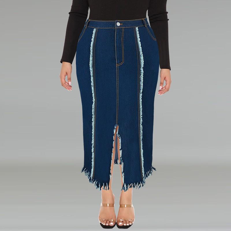 Plus Size Denim Skirt Women Long Flowy A-Line With Fringe Detail Streetwear Midi Maxi 1XL 2XL 3XL 4XL 5XL