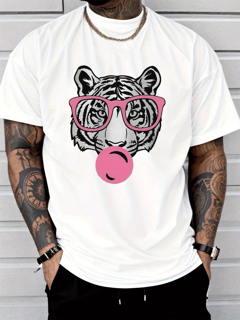 Unisexs Funny Animal Graphic T Shirt Cool White Tiger Bubble Gum Streetwear Short Sleeve Cotton Hip Hop Casual Summer Tee For Unisex