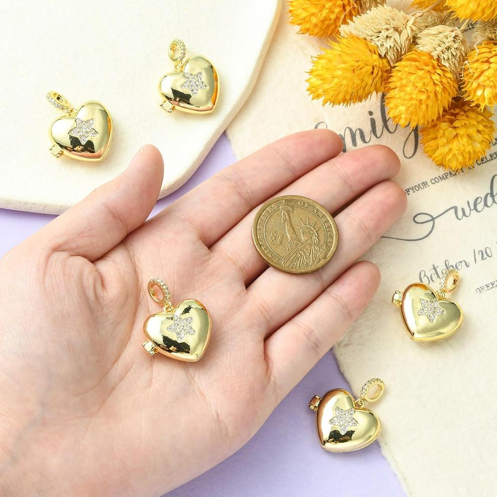 Ipotkitt 5Pcs Heart with Star Brass Micro Pave Cubic Zirconia Diffuser Locket Charm Pendants Openable Ornaments for DIY Making - 19.5x22.5mm