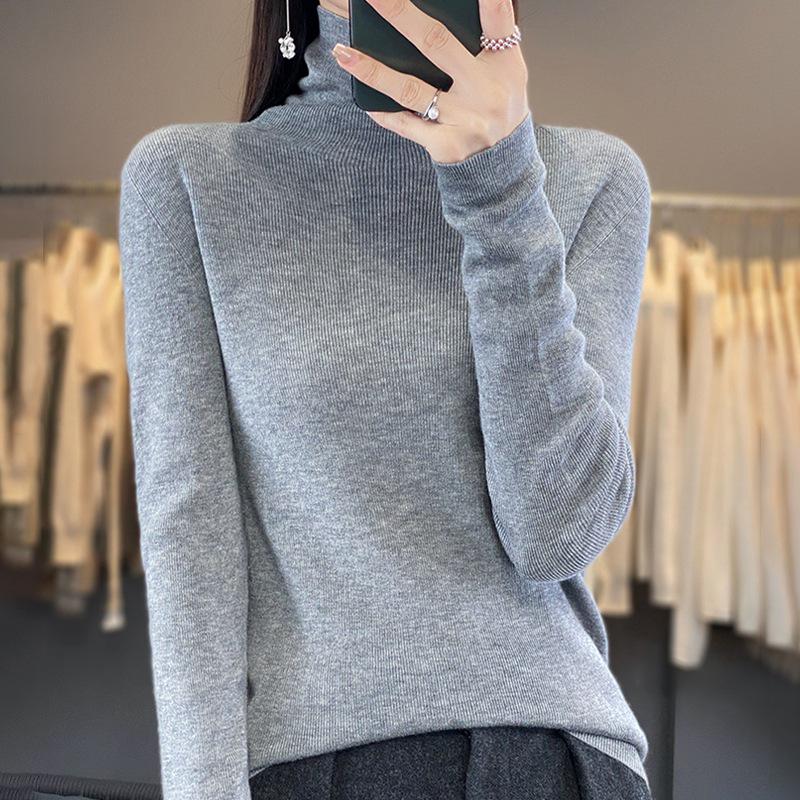 Women's Seamless Ribbed High-Neck Wool Base Layer: Long-Sleeve, Thin, Versatile Knit Top for Spring