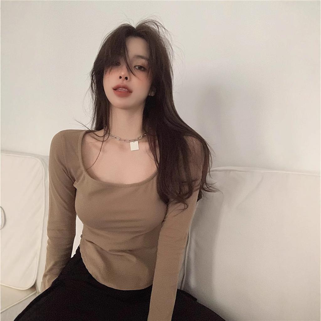 New Autumn Clothing U-neck Solid Color Sexy Low-neck Irregular Slim Long-sleeved T-shirt Women's Inner Bottom Shirt Top