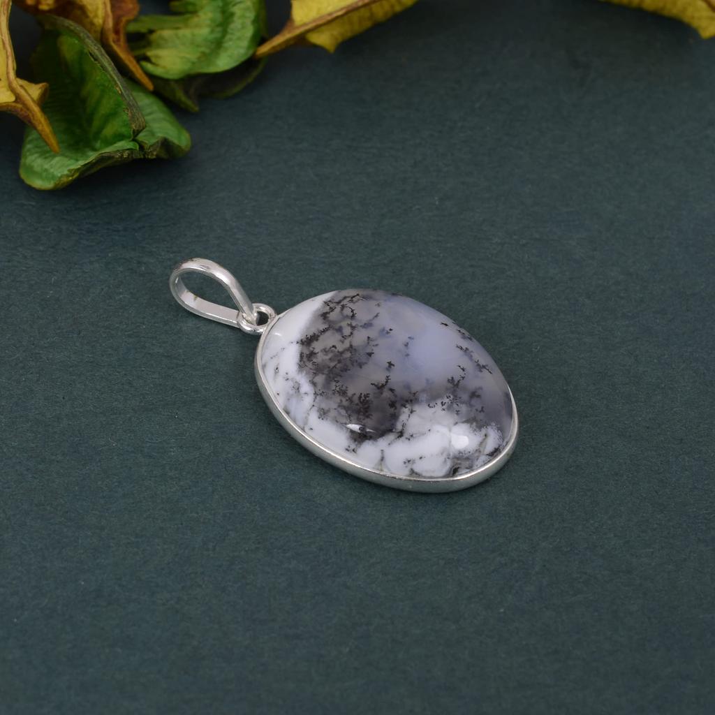 Oval Cabochon Dendrite Agate Pendant Solid 925 Sterling Silver Gemstone Pendant Without Chain Jewelry For Women or Girls - 5.72 Gms
