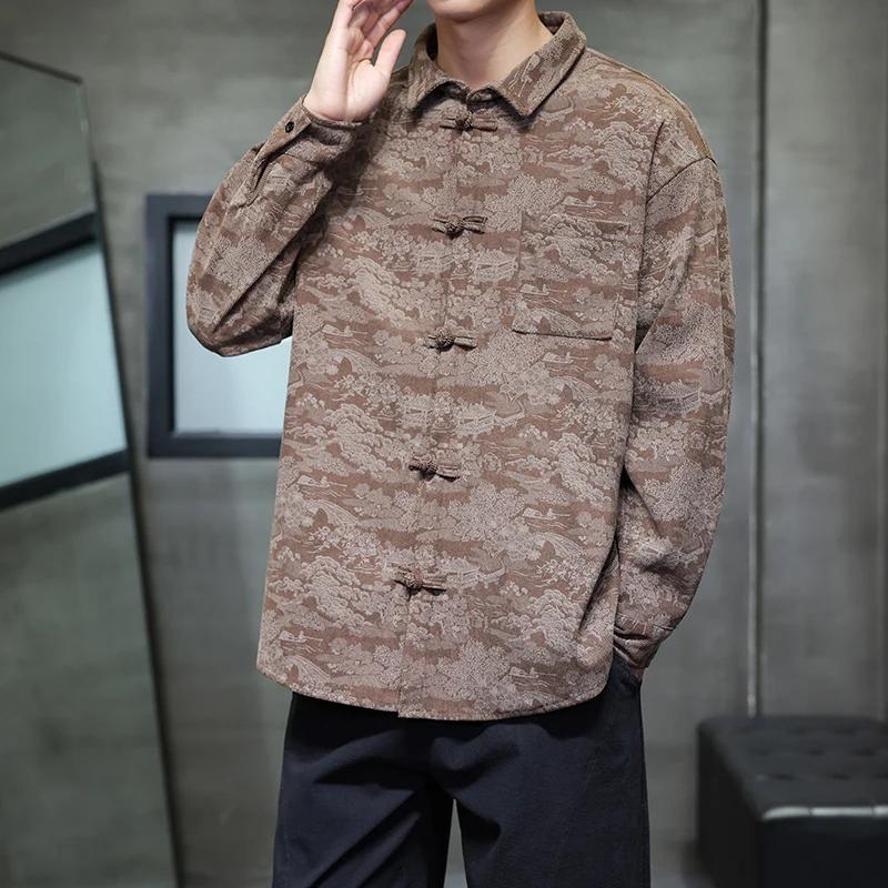 Camicia da uomo a maniche lunghe primaverile Camicie da uomo stile cinese Camicie da uomo monopetto con colletto quadrato Top vintage da uomo con ricamo