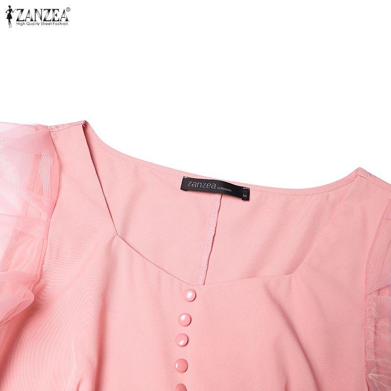 ZANZEA Women Casual Square Collar Splice Short Sleeve Elegant Dress