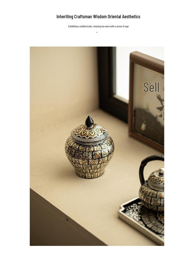 Ten Thousand Buddhas Gilded Silver Ceramic Tea Canister - Airtight Jar with Extra Large Capacity for Green, Black, and White Tea Storage.