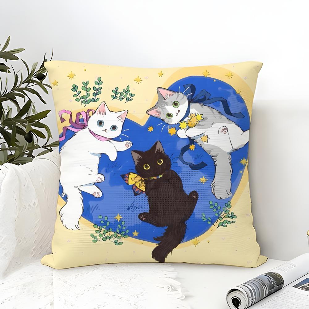 Cute Cartoon Cat Patterns Pillow Case Cotton Linen Fabric Square Zipper Pillowcase Home Decorative Living Room