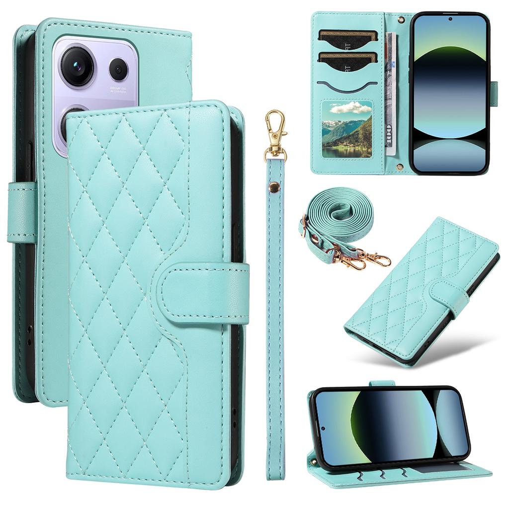 For Xiaomi Redmi Note 14S 4G/Xiaomi Poco M6 Pro 4G/Xiaomi Redmi Note 13 Pro 4G Wallet Case Rhombus Leather Phone Cover with Strap
