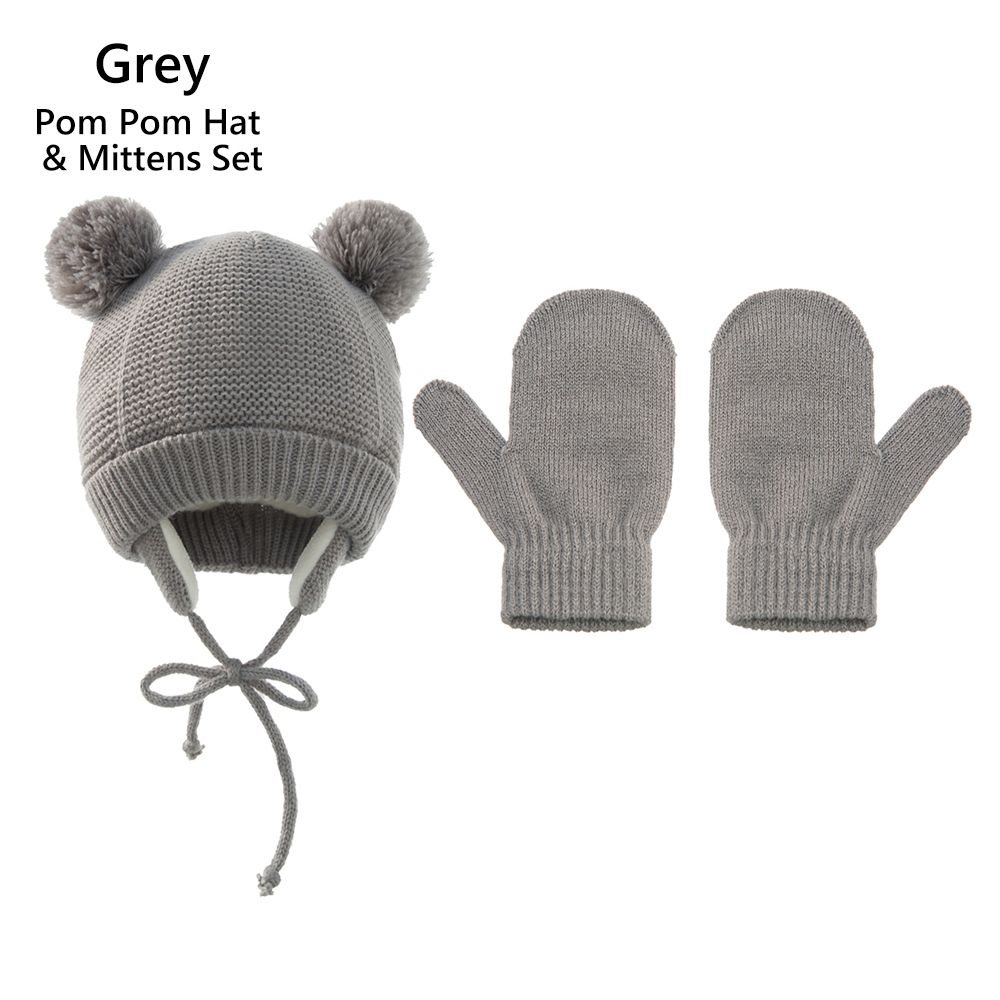 1-4 Years Fleece Lined Winter Earflap Beanie Hat Kids Hat Gloves Set Pom Pom Hat Mittens