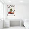 Vintage Merry Christmas Metal Tin Sign, Distressed White Rustic Aged Look with Christmas Tree, Red Truck & Snowman for Home Bar