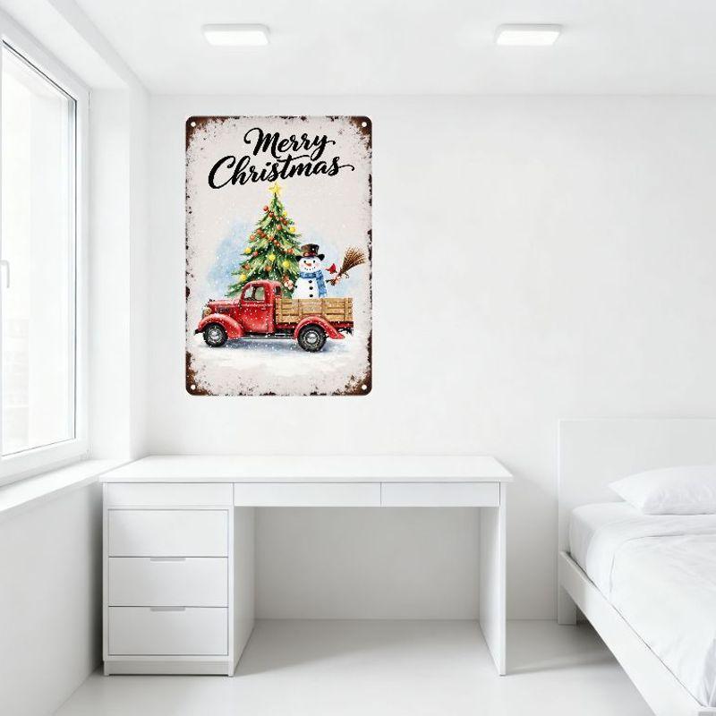 Vintage Merry Christmas Metal Tin Sign, Distressed White Rustic Aged Look with Christmas Tree, Red Truck & Snowman for Home Bar