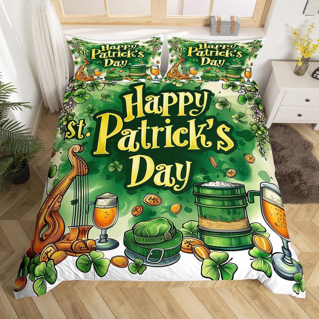 St.Patrick'S Day Duvet Cover Twin Queen Lucky Clover Leaves Bedding Set For Boys Girls Cartoon Comforter Cover With 2 Pillowcase
