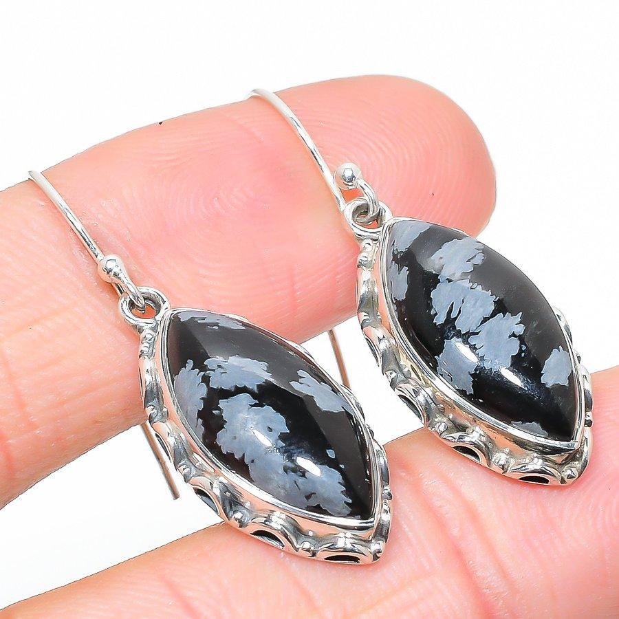 Natural Snowflake Obsidian Gemstone 925 Solid Sterling Silver Earring 1.50" E8i60