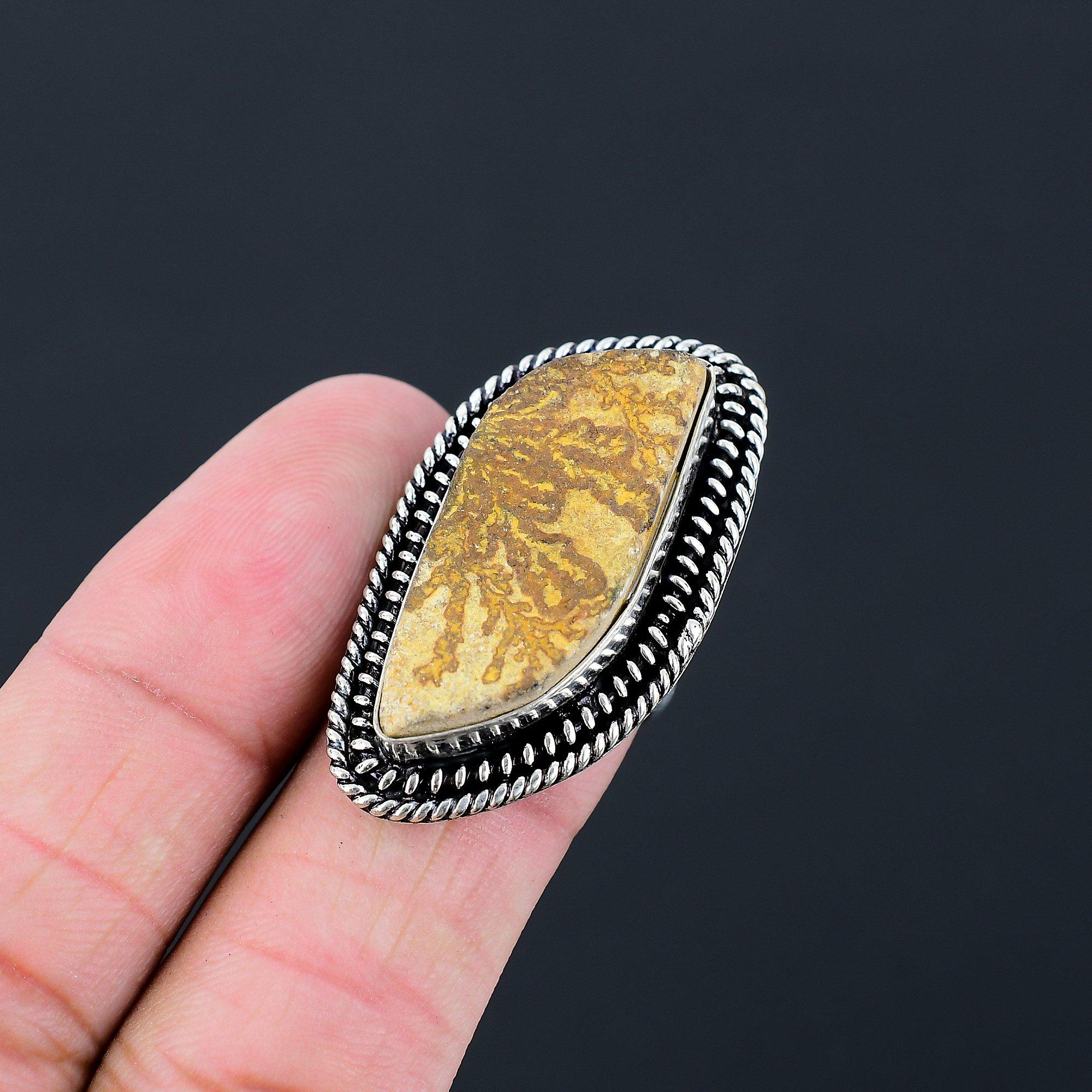 925 Silver Psilomelane Dendrite Stone Artisan Wedding Promise Ring Jewelry US 7 7