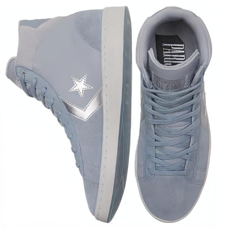 Converse Cons Pro Leather Non-slip and Abrasion Resistant High-Top Board Shoes Unisex Gray Blue Silver