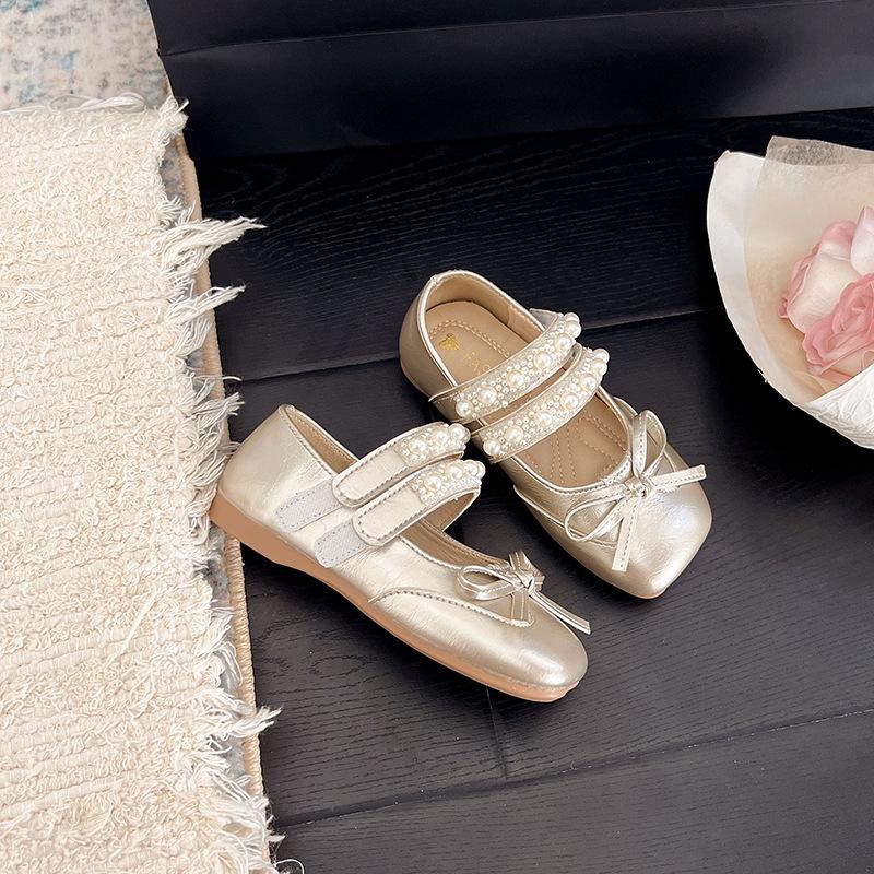 Kids Girls Mary Jane Shoes with Pearl Bow Decor 24 золотой