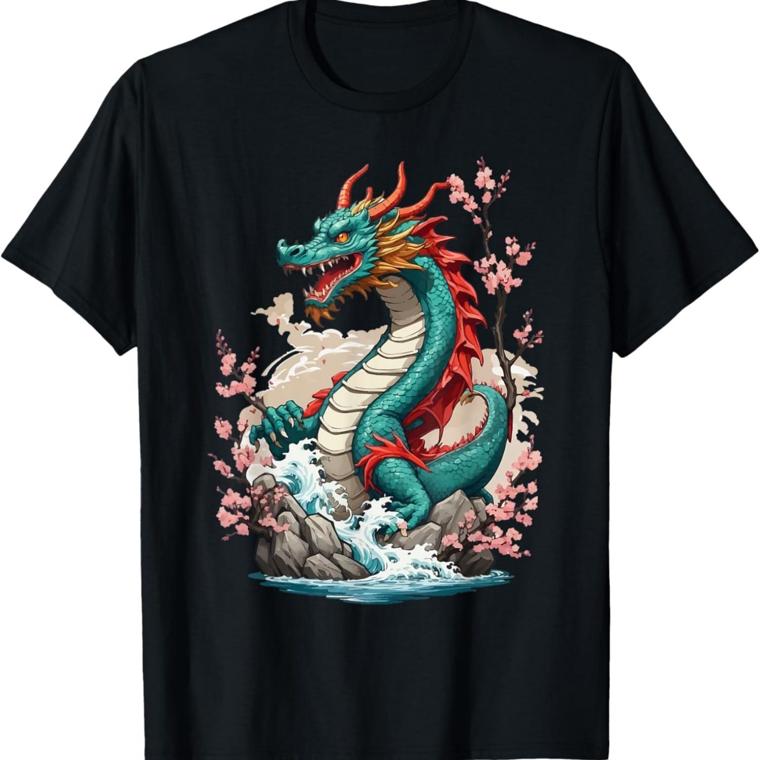 Vintage Cherry Blossoms Vaporwave  Dragon Art T-Shirt S чёрный