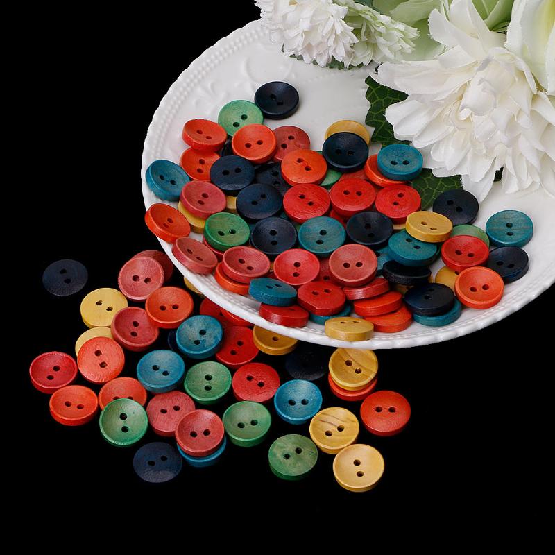 100Pcs Mixed Wood Wooden Buttons 2 Holes 15mm Sewing Scrapbooking DIY Craft