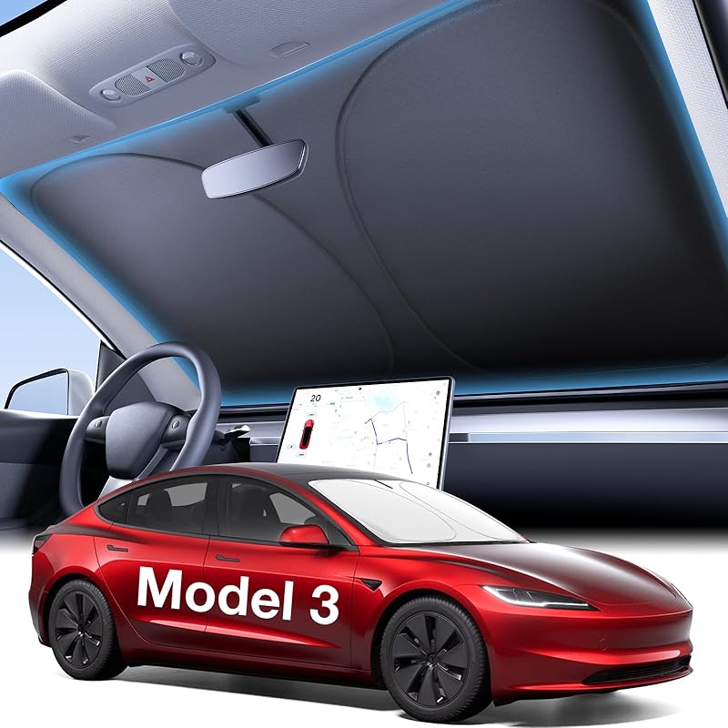 Wigoo 2025 Tesla New Model Y Accessories Windshield Sunshade [OEM Design, 100% Sun Blockage] Foldable Heat Ulation Sunshade With Storage Bag, For