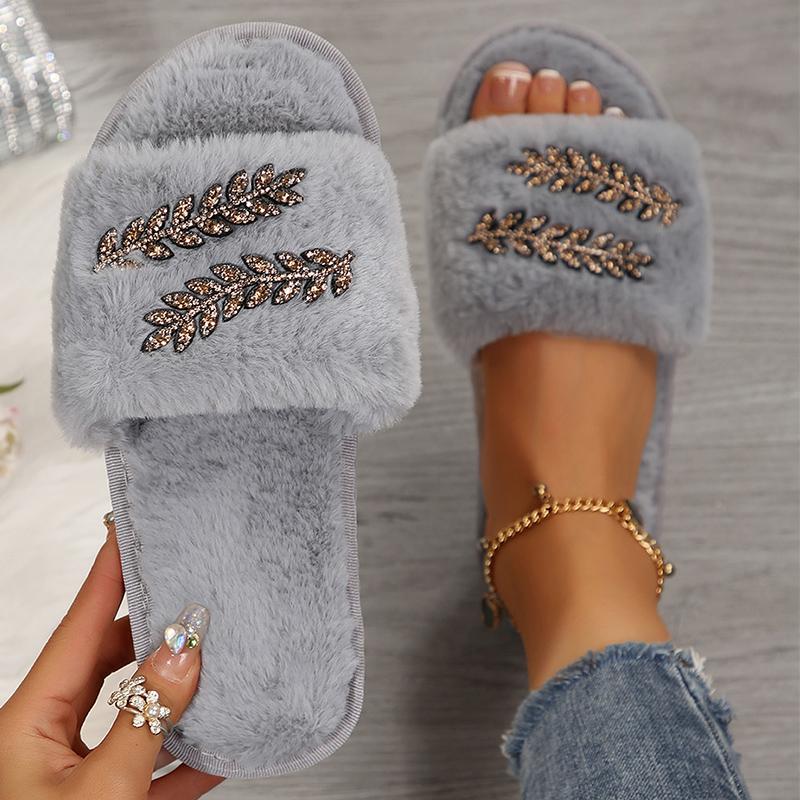 Fashion 2025 Winter Crystal Plush Slippers Women Light Non Slip Cotton Slippers Woman Indoor Faux Fur House Cotton Slides Female